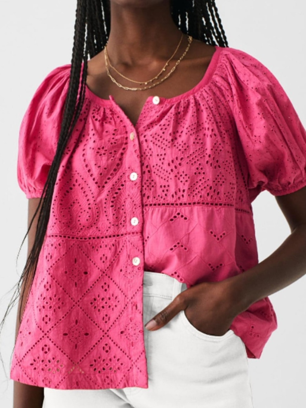 Faherty Pink Eyelet Button-Front Puff Sleeve Blouse